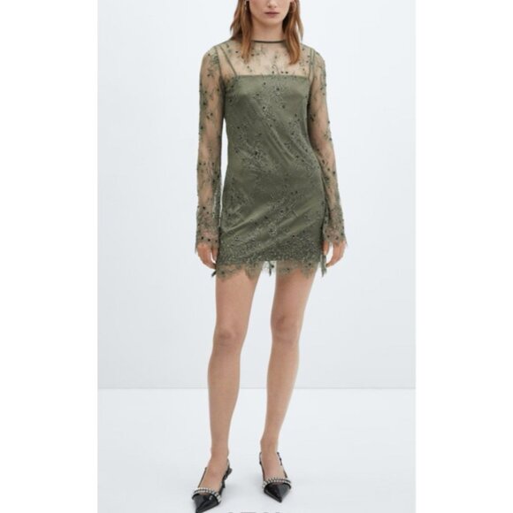 Mango Green Long Sleeve Lace Sequin Bead Dress L Large Olive Green $159 NEW - Picture 1 of 15